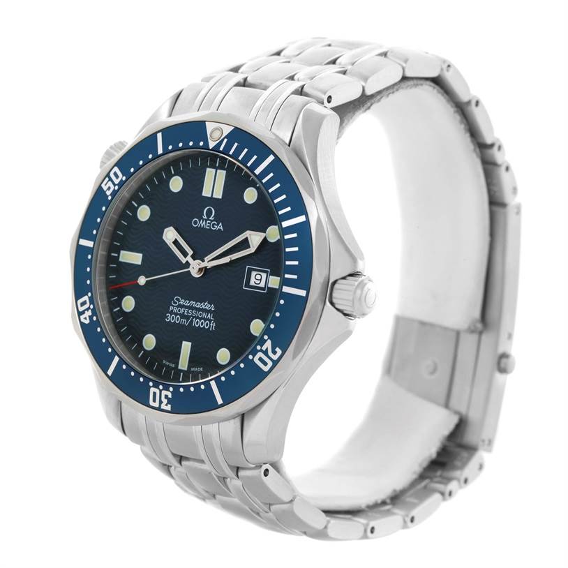 The Omega Seamaster 2541.80.00 Men
s Stainless Steel Blue Dial 2541.80.00 Men
s Stainless Steel Blue Dial watch is shown at a slight angle, displaying its face, bezel, crown, and stainless steel bracelet.