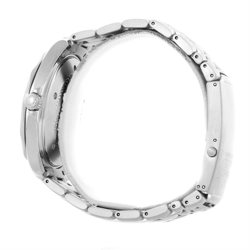 The image shows a side view of an Omega Seamaster 2541.80.00 Men
s Stainless Steel Blue Dial 2541.80.00 Men
s Stainless Steel Blue Dial watch, highlighting the crown, case, and bracelet links.