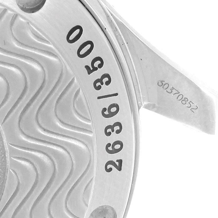 Close-up of the back case and serial number of an Omega Seamaster 2554.80.00 Men
s Stainless Steel Blue Dial 2554.80.00 Men
s Stainless Steel Blue Dial watch.