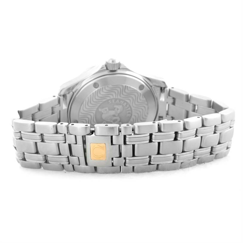 The image shows the back view of an Omega Seamaster 2554.80.00 Men
s Stainless Steel Blue Dial 2554.80.00 Men
s Stainless Steel Blue Dial watch, prominently featuring its bracelet and case back.