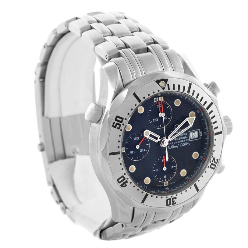 The Omega Seamaster 2598.80.00 Men
s Stainless Steel Blue Dial 2598.80.00 Men
s Stainless Steel Blue Dial watch is shown at a three-quarter angle, displaying its bezel, dial, bracelet, and side crowns.