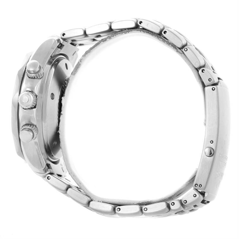 This side view of the Omega Seamaster 2598.80.00 Men
s Stainless Steel Blue Dial 2598.80.00 Men
s Stainless Steel Blue Dial watch shows the crowns, pushers, and metal bracelet.