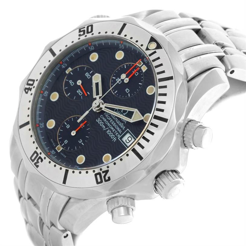 The image shows a close-up angle of the Omega Seamaster 2598.80.00 Men
s Stainless Steel Blue Dial 2598.80.00 Men
s Stainless Steel Blue Dial watch, highlighting its face, bezel, crown, pushers, and metal bracelet.