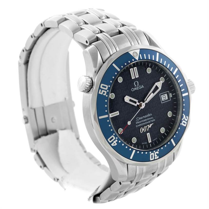 The image shows an Omega Seamaster 2537.80.00 Men
s Stainless Steel Blue Dial 2537.80.00 Men
s Stainless Steel Blue Dial watch from an angled side view, displaying the bracelet, bezel, dial, and crown.