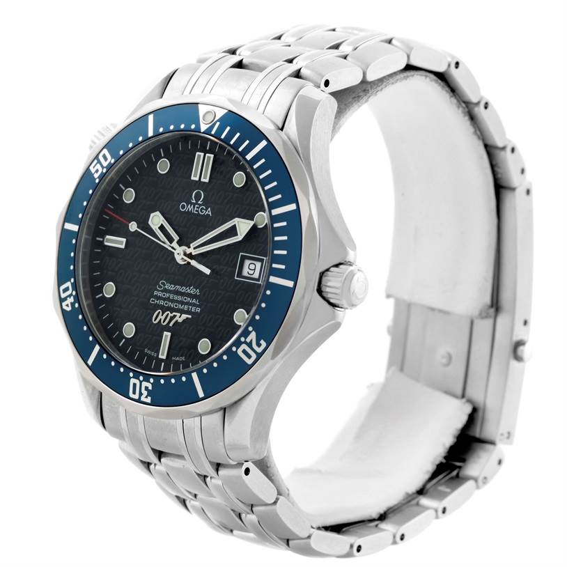 The Omega Seamaster 2537.80.00 Men
s Stainless Steel Blue Dial 2537.80.00 Men
s Stainless Steel Blue Dial watch is shown at a slight angle, displaying its face, bezel, and metal bracelet.
