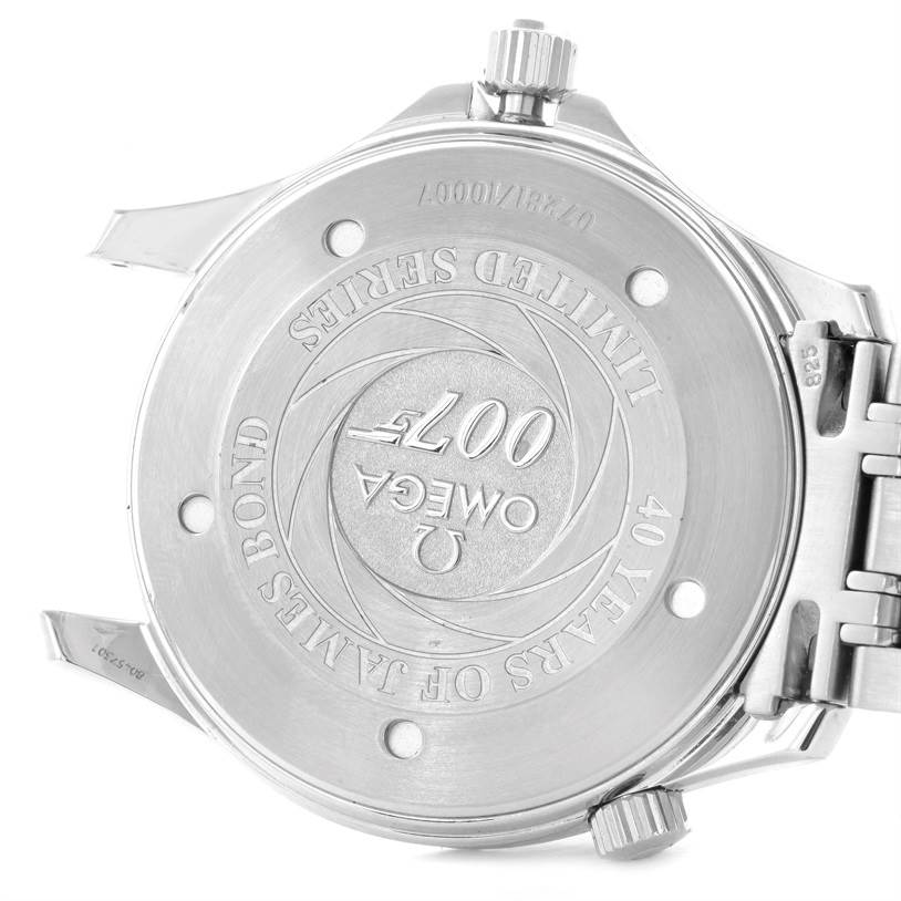 The image shows the case back of an Omega Seamaster 2537.80.00 Men
s Stainless Steel Blue Dial 2537.80.00 Men
s Stainless Steel Blue Dial watch at an angle, highlighting the engraved details and bracelet attachment.