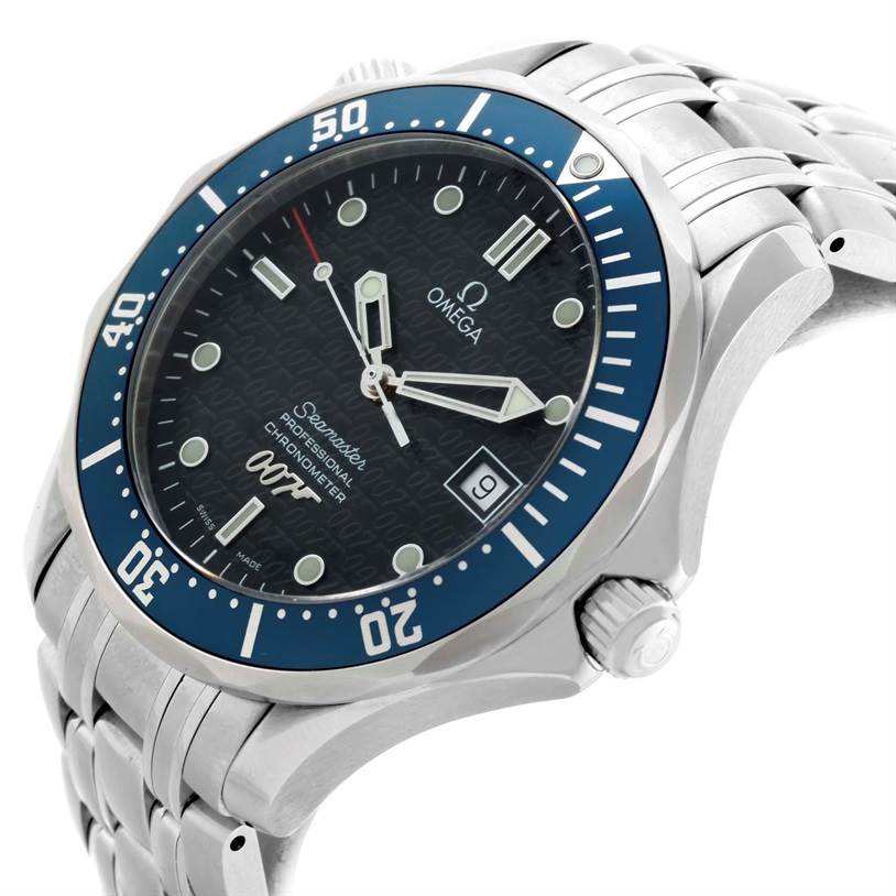 The image shows a side angle of the Omega Seamaster 2537.80.00 Men
s Stainless Steel Blue Dial 2537.80.00 Men
s Stainless Steel Blue Dial watch, highlighting the dial, bezel, crown, and part of the metal bracelet.