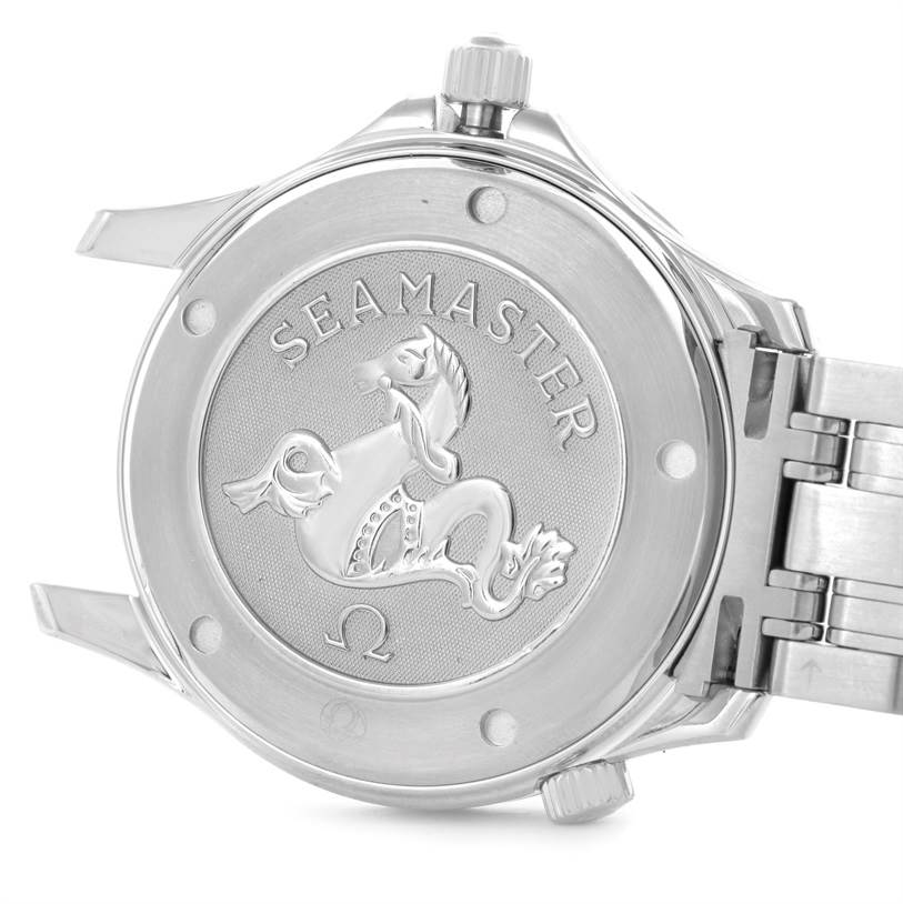 The image shows the case back of an Omega Seamaster 2220.80.00 Men
s Stainless Steel Blue Dial 2220.80.00 Men
s Stainless Steel Blue Dial watch, highlighting the engraved logo and stainless steel bracelet.