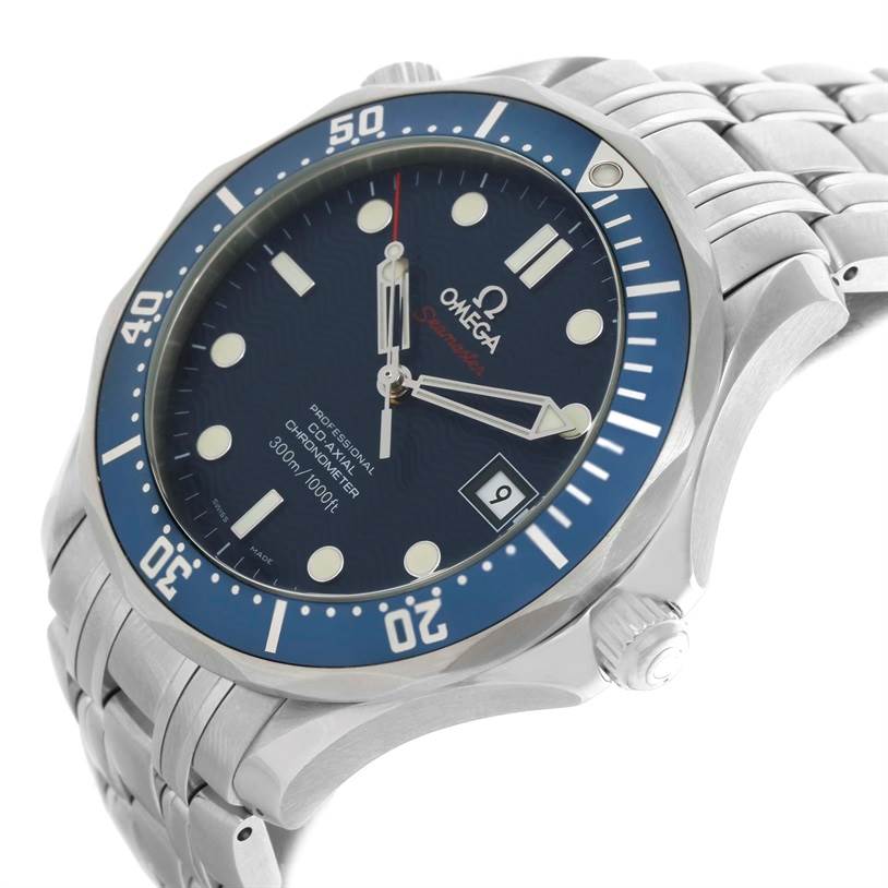 The image shows a three-quarter view of the Omega Seamaster 2220.80.00 Men
s Stainless Steel Blue Dial 2220.80.00 Men
s Stainless Steel Blue Dial watch, highlighting the face, bezel, crown, and part of the bracelet.