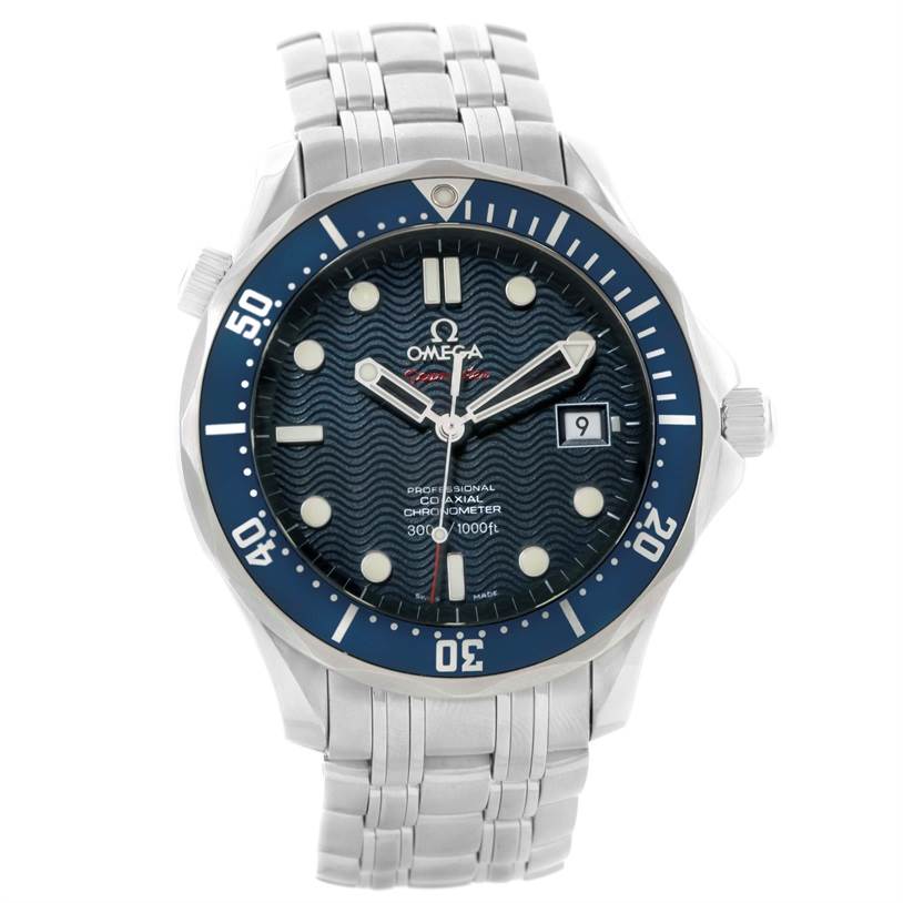The Omega Seamaster 2220.80.00 Men
s Stainless Steel Blue Dial 2220.80.00 Men
s Stainless Steel Blue Dial watch is shown from a front angle, featuring the face, bezel, crown, and bracelet.