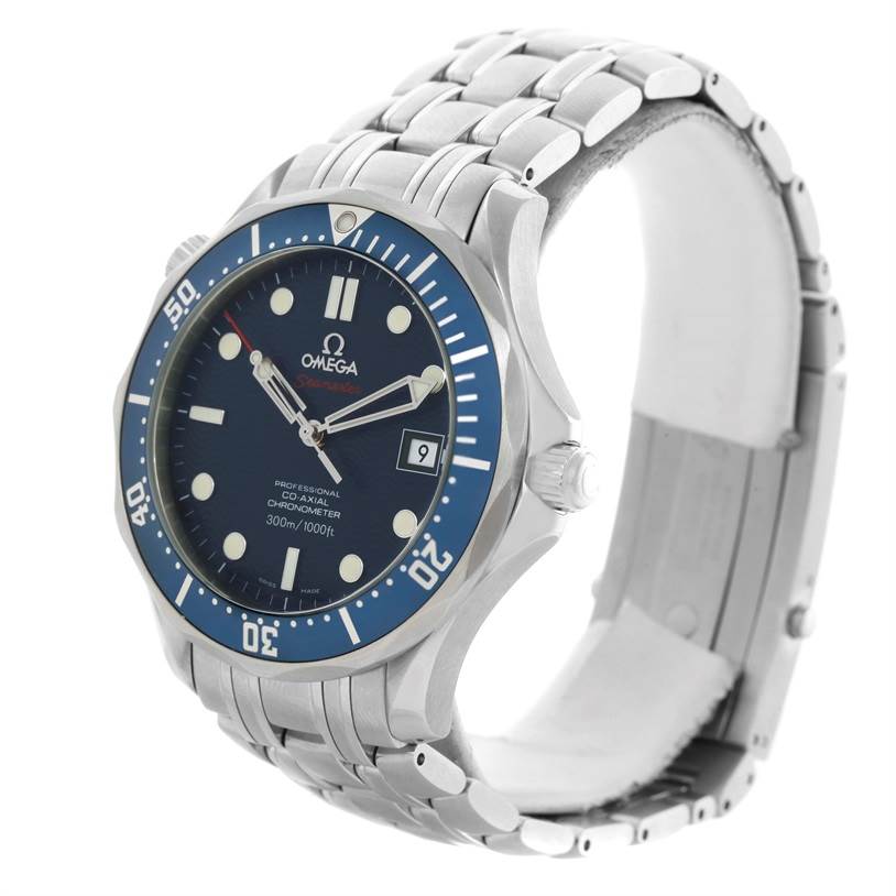 The Omega Seamaster 2220.80.00 Men
s Stainless Steel Blue Dial 2220.80.00 Men
s Stainless Steel Blue Dial watch is shown at an angle displaying the face, bezel, crown, and stainless steel bracelet.