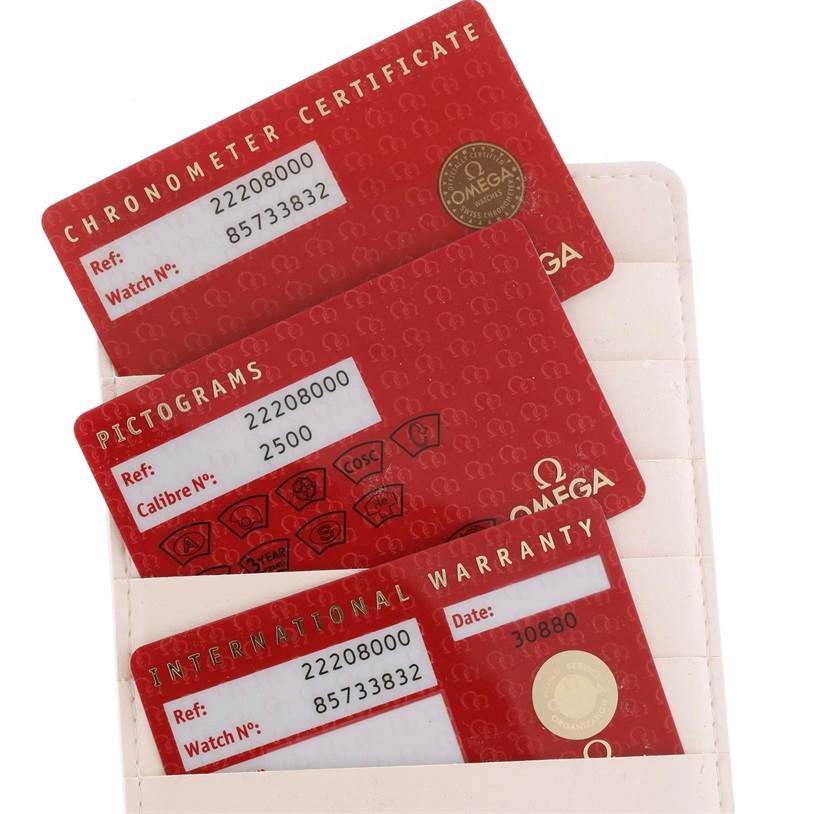 This image shows the Chronometer Certificate, Pictograms, and International Warranty cards for the Omega Seamaster 2220.80.00 Men
s Stainless Steel Blue Dial 2220.80.00 Men
s Stainless Steel Blue Dial watch model.