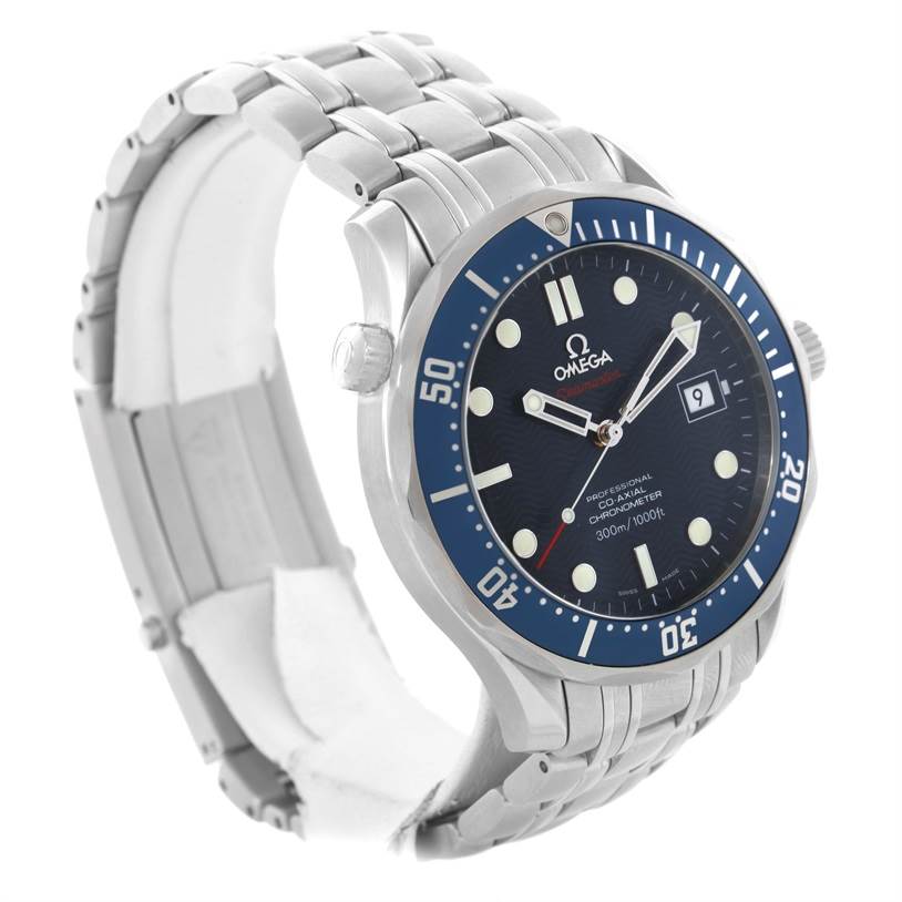 The image shows an Omega Seamaster 2220.80.00 Men
s Stainless Steel Blue Dial 2220.80.00 Men
s Stainless Steel Blue Dial watch angled to display the dial, bezel, crown, and metal bracelet.