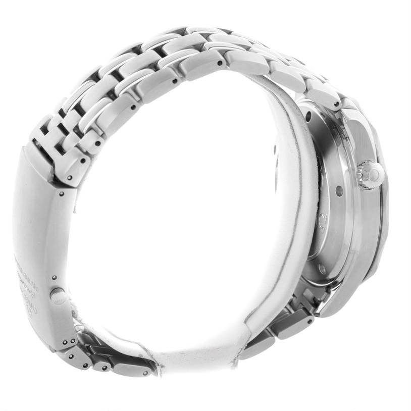 The image shows a side view of the Omega Seamaster 2220.80.00 Men
s Stainless Steel Blue Dial 2220.80.00 Men
s Stainless Steel Blue Dial watch, highlighting the bracelet and part of the watch case and crown.