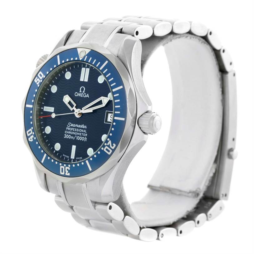 The Omega Seamaster 2551.80.00 Men
s Stainless Steel Blue Dial 2551.80.00 Men
s Stainless Steel Blue Dial watch is shown at a three-quarter angle, displaying the face, bezel, crown, and part of the bracelet.