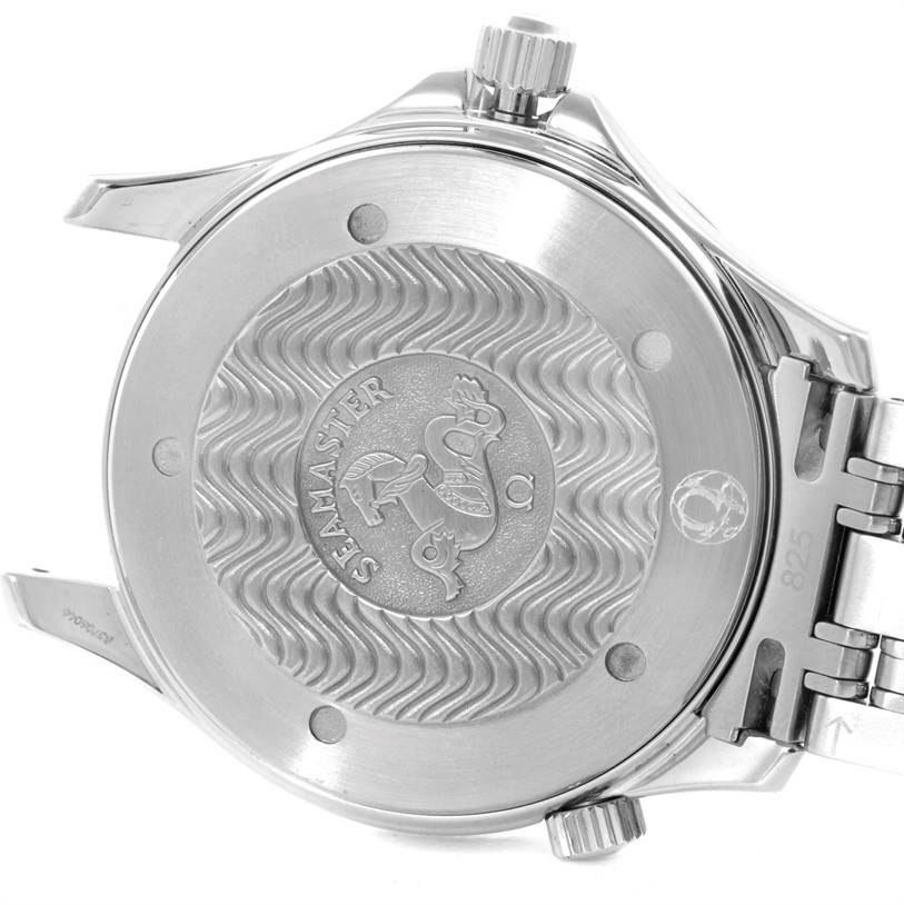 The image shows the back case and part of the bracelet of an Omega Seamaster 2531.80.00 Men
s Stainless Steel Blue Dial 2531.80.00 Men
s Stainless Steel Blue Dial watch, focusing on the engraved logo.