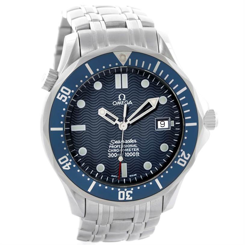 The Omega Seamaster 2531.80.00 Men
s Stainless Steel Blue Dial 2531.80.00 Men
s Stainless Steel Blue Dial watch is shown at a front angle, highlighting its dial, bezel, and metal bracelet.