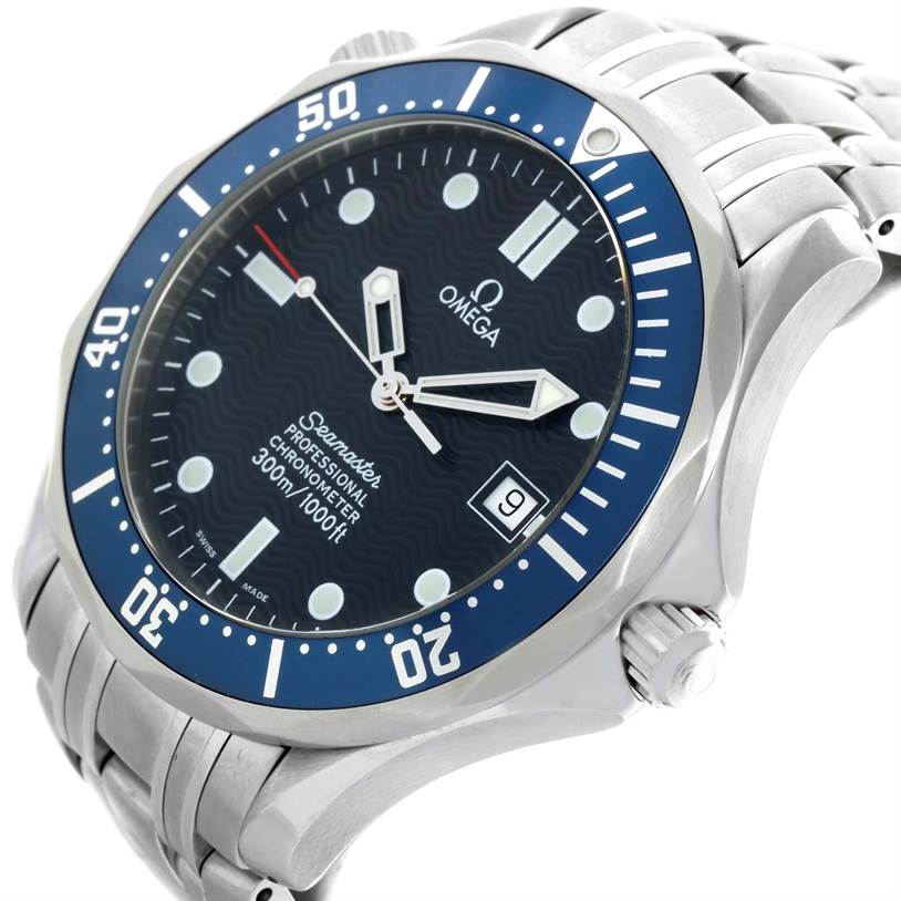 The Omega Seamaster 2531.80.00 Men
s Stainless Steel Blue Dial 2531.80.00 Men
s Stainless Steel Blue Dial watch is shown at an angled side view displaying the face, bezel, crown, and part of the bracelet.