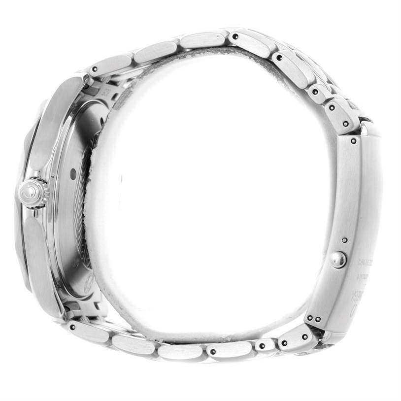 This image shows a side view of the Omega Seamaster 2531.80.00 Men
s Stainless Steel Blue Dial 2531.80.00 Men
s Stainless Steel Blue Dial watch, highlighting the metal bracelet and crown.