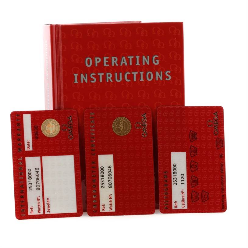 This image shows the warranty cards and the operating instructions manual for an Omega Seamaster 2531.80.00 Men
s Stainless Steel Blue Dial 2531.80.00 Men
s Stainless Steel Blue Dial watch.