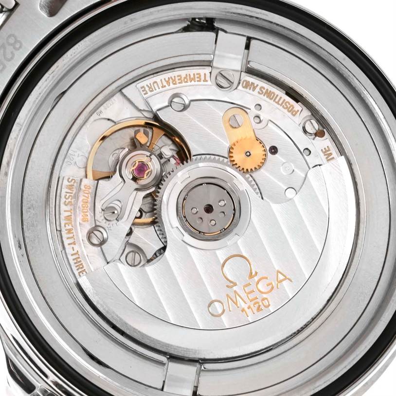 This is a close-up view of the Omega Seamaster 2531.80.00 Men
s Stainless Steel Blue Dial 2531.80.00 Men
s Stainless Steel Blue Dial
s movement, showing gears, balance wheel, and branded components.