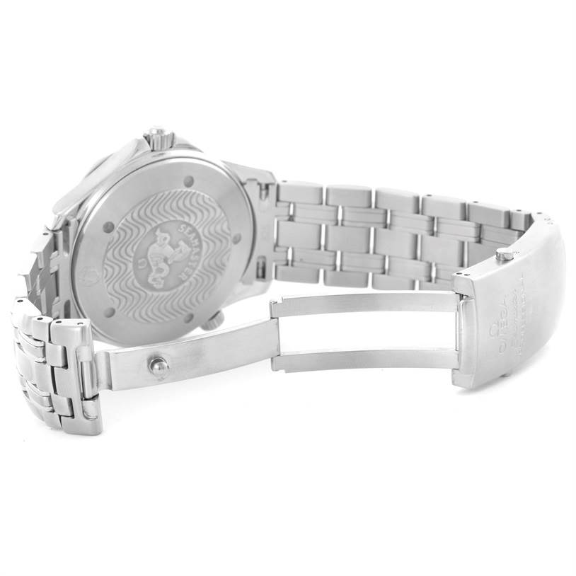 The image shows the back case and partially opened bracelet of an Omega Seamaster 2531.80.00 Men
s Stainless Steel Blue Dial 2531.80.00 Men
s Stainless Steel Blue Dial watch.