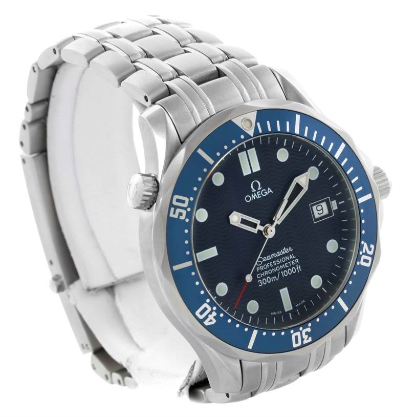 The image shows an Omega Seamaster 2531.80.00 Men
s Stainless Steel Blue Dial 2531.80.00 Men
s Stainless Steel Blue Dial watch from a slightly left-front angle, highlighting the face, bezel, and metal bracelet.