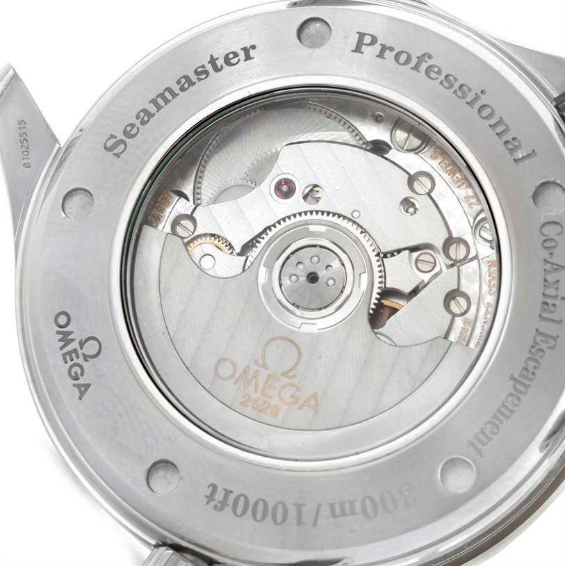 The image shows the back view of an Omega Seamaster 2535.80.00 Men
s Stainless Steel Blue Dial 2535.80.00 Men
s Stainless Steel Blue Dial Professional, displaying its Co-Axial Escapement movement.