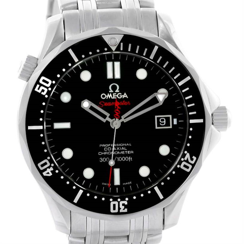 The Omega Seamaster watch is shown from a front angle, highlighting its black dial, date window, hands, markers, and bezel.