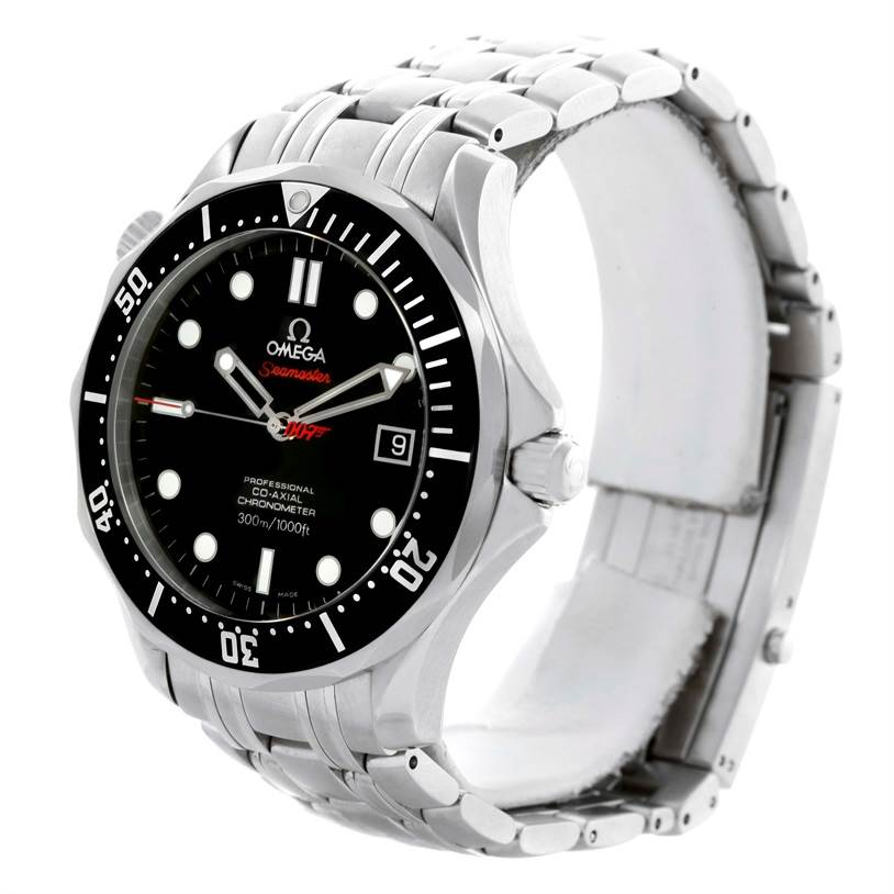The image shows a three-quarter angle of the Omega Seamaster 212.30.41.20.01.001 Men
s Stainless Steel Black Dial 212.30.41.20.01.001 Men
s Stainless Steel Black Dial watch, highlighting the front dial, bezel, and metal bracelet.