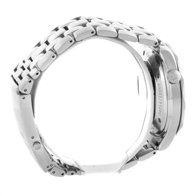 This image shows a side view of an Omega Seamaster 212.30.41.20.01.001 Men
s Stainless Steel Black Dial 212.30.41.20.01.001 Men
s Stainless Steel Black Dial watch, highlighting its metal bracelet and the case with the crown.