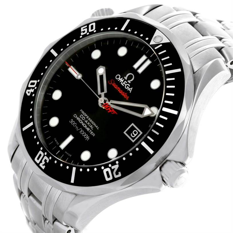 The image shows a close-up angled view of the Omega Seamaster 212.30.41.20.01.001 Men
s Stainless Steel Black Dial 212.30.41.20.01.001 Men
s Stainless Steel Black Dial watch, highlighting the face, bezel, and part of the bracelet.