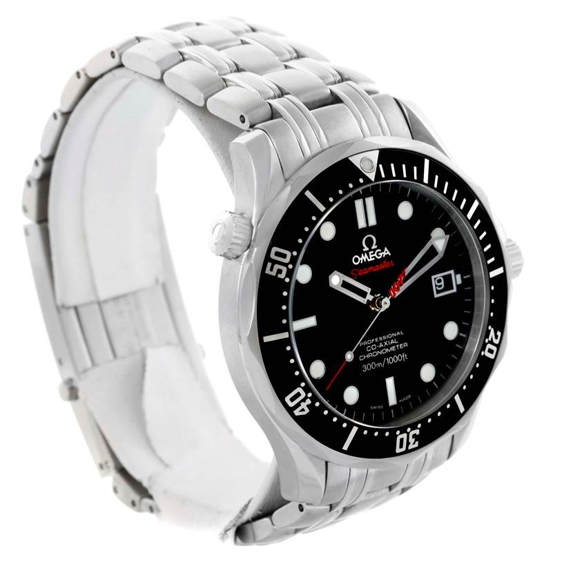 This image shows an angled view of the Omega Seamaster 212.30.41.20.01.001 Men
s Stainless Steel Black Dial 212.30.41.20.01.001 Men
s Stainless Steel Black Dial watch, highlighting the face, bezel, and the metal bracelet.