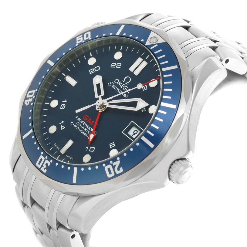 The Omega Seamaster 2535.80.00 Men
s Stainless Steel Blue Dial 2535.80.00 Men
s Stainless Steel Blue Dial watch is shown at a three-quarter angle, highlighting the face, bezel, crown, and part of the metal bracelet.