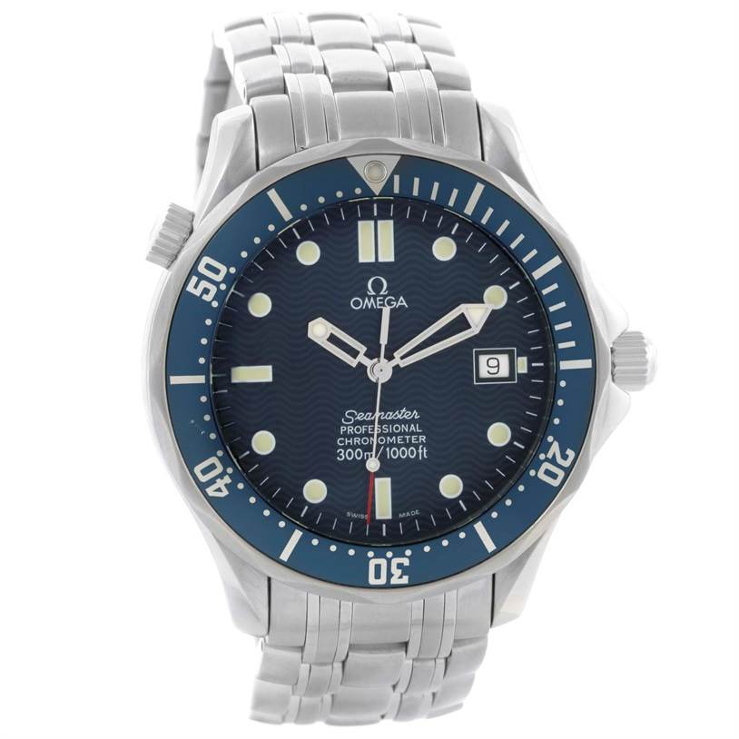 The Omega Seamaster 2531.80.00 Men
s Stainless Steel Blue Dial 2531.80.00 Men
s Stainless Steel Blue Dial watch is shown from the front, displaying its dial, bezel, hands, date window, and stainless steel bracelet.