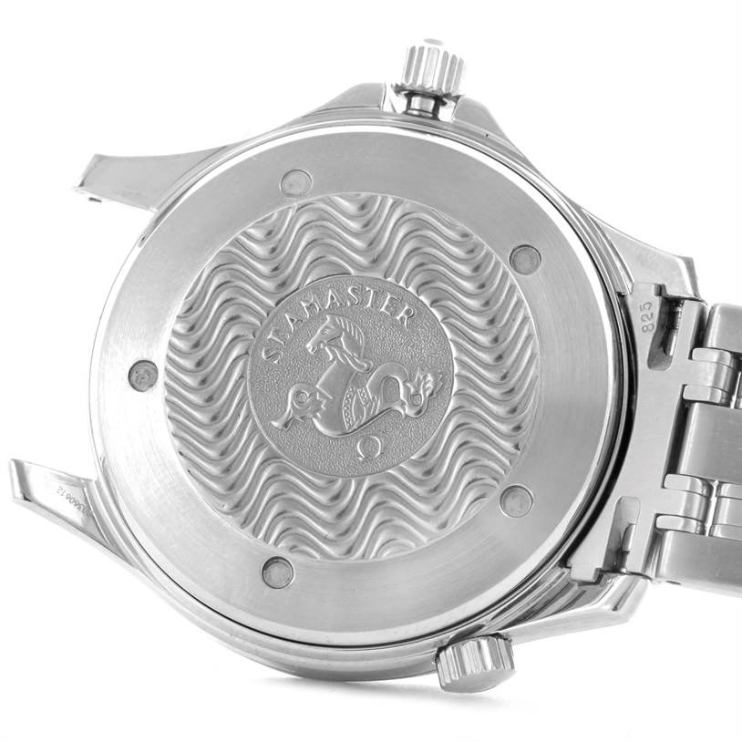 The image shows the back case of the Omega Seamaster 2531.80.00 Men
s Stainless Steel Blue Dial 2531.80.00 Men
s Stainless Steel Blue Dial watch, displaying its engraved design and part of the bracelet.