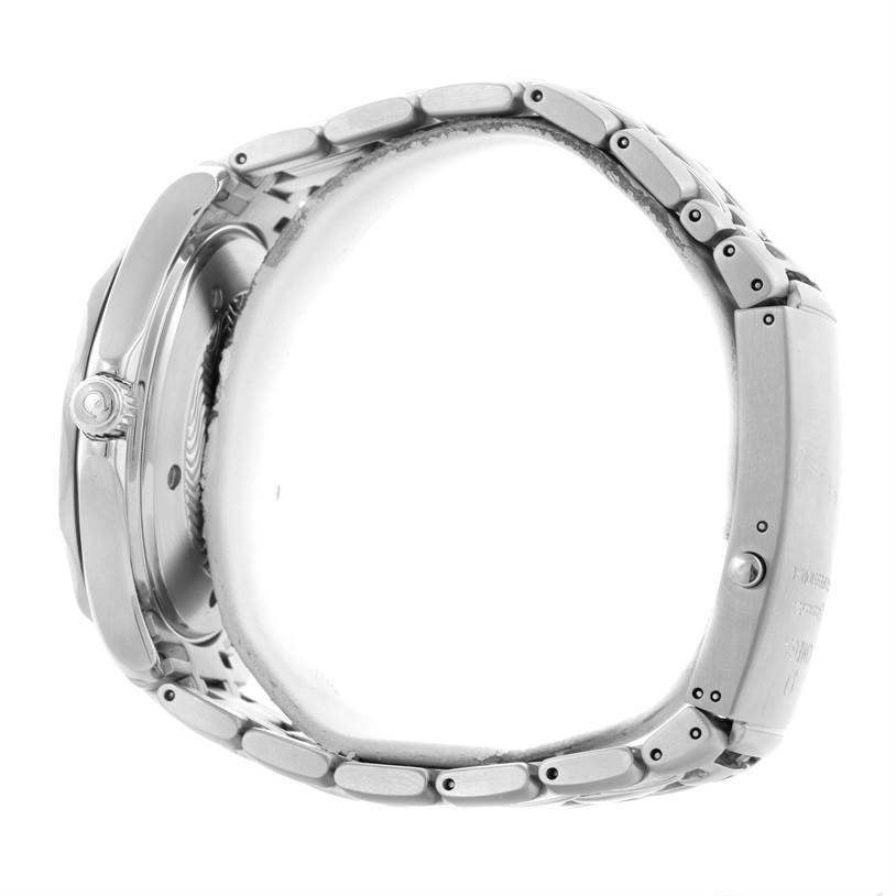 The image shows a side view of an Omega Seamaster 2531.80.00 Men
s Stainless Steel Blue Dial 2531.80.00 Men
s Stainless Steel Blue Dial watch, highlighting the crown and the metal bracelet with a clasp.