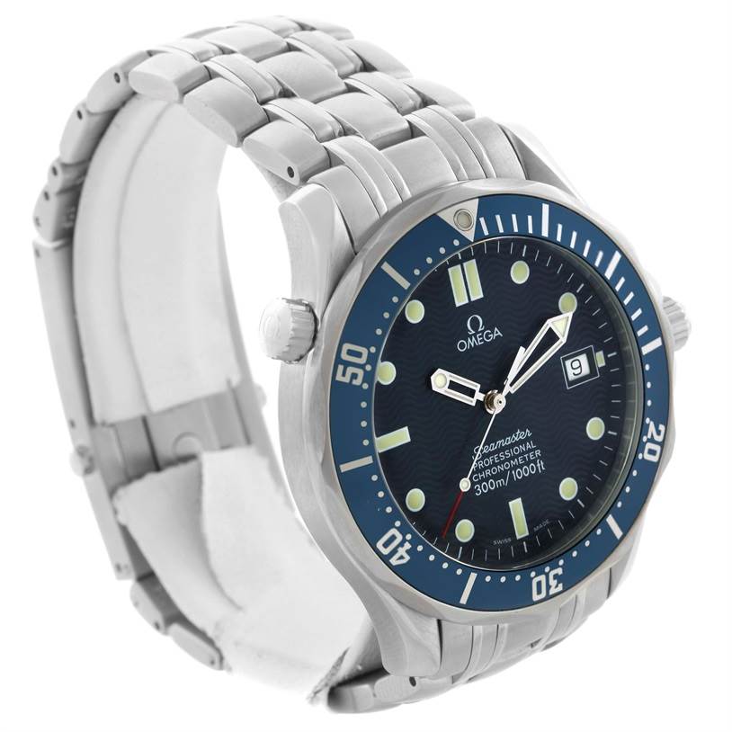 The Omega Seamaster 2531.80.00 Men
s Stainless Steel Blue Dial 2531.80.00 Men
s Stainless Steel Blue Dial watch is shown at a three-quarter angle, displaying the face, bezel, crown, and stainless steel bracelet.