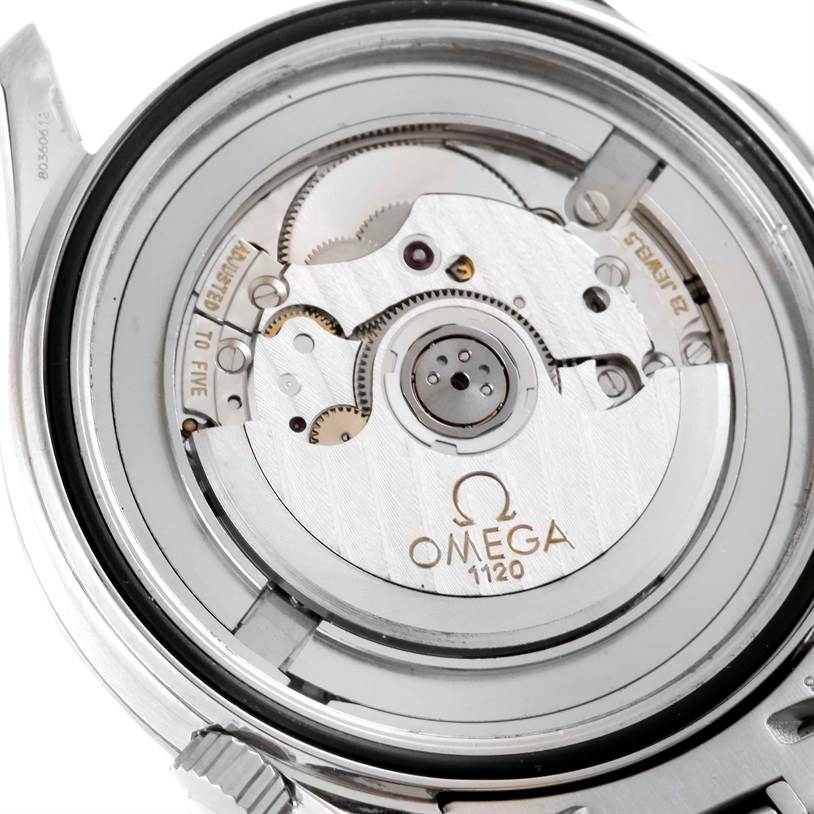 The image shows the open caseback view of an Omega Seamaster 2531.80.00 Men
s Stainless Steel Blue Dial 2531.80.00 Men
s Stainless Steel Blue Dial watch, revealing its intricate mechanical movement.