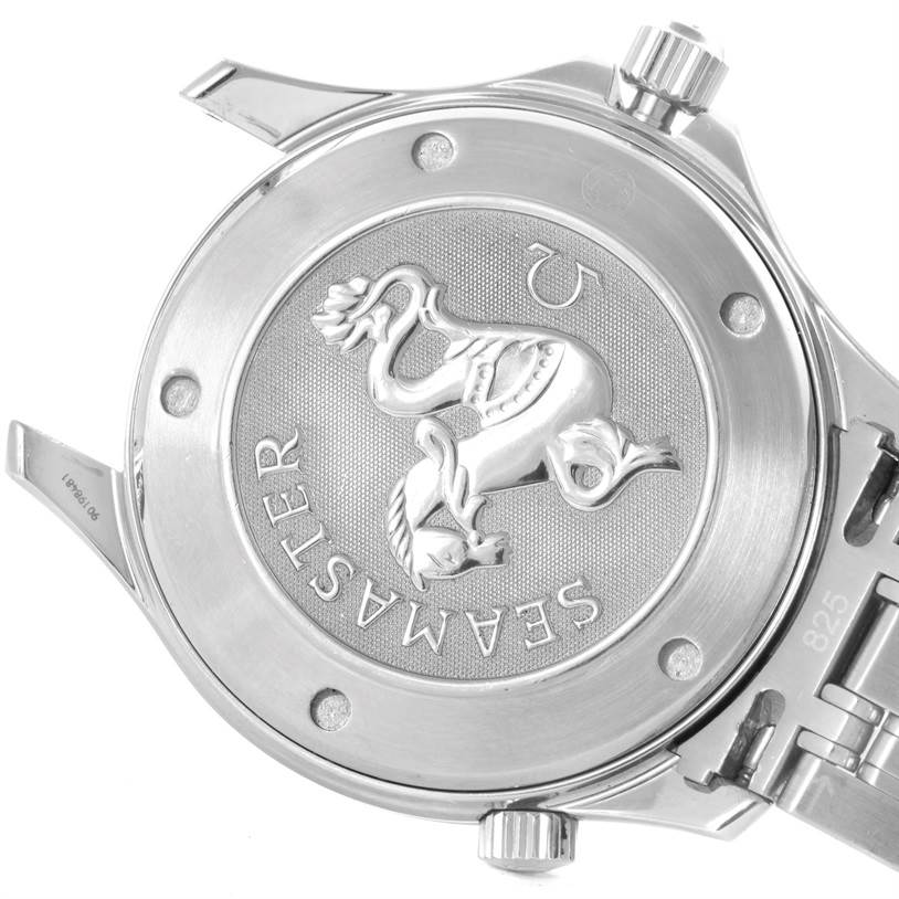 This image shows the back view of an Omega Seamaster 2221.80.00 Men
s Stainless Steel Blue Dial 2221.80.00 Men
s Stainless Steel Blue Dial watch, highlighting its case back and intricate emblem.