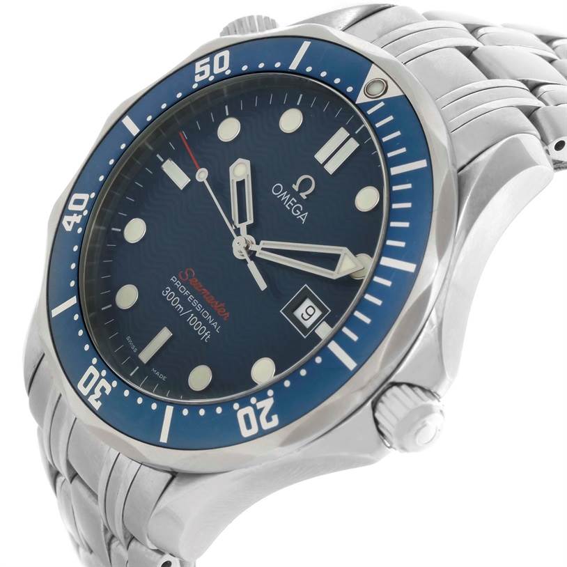 The Omega Seamaster 2221.80.00 Men
s Stainless Steel Blue Dial 2221.80.00 Men
s Stainless Steel Blue Dial watch is shown at a slight angle, highlighting the blue dial, rotating bezel, and metal bracelet.