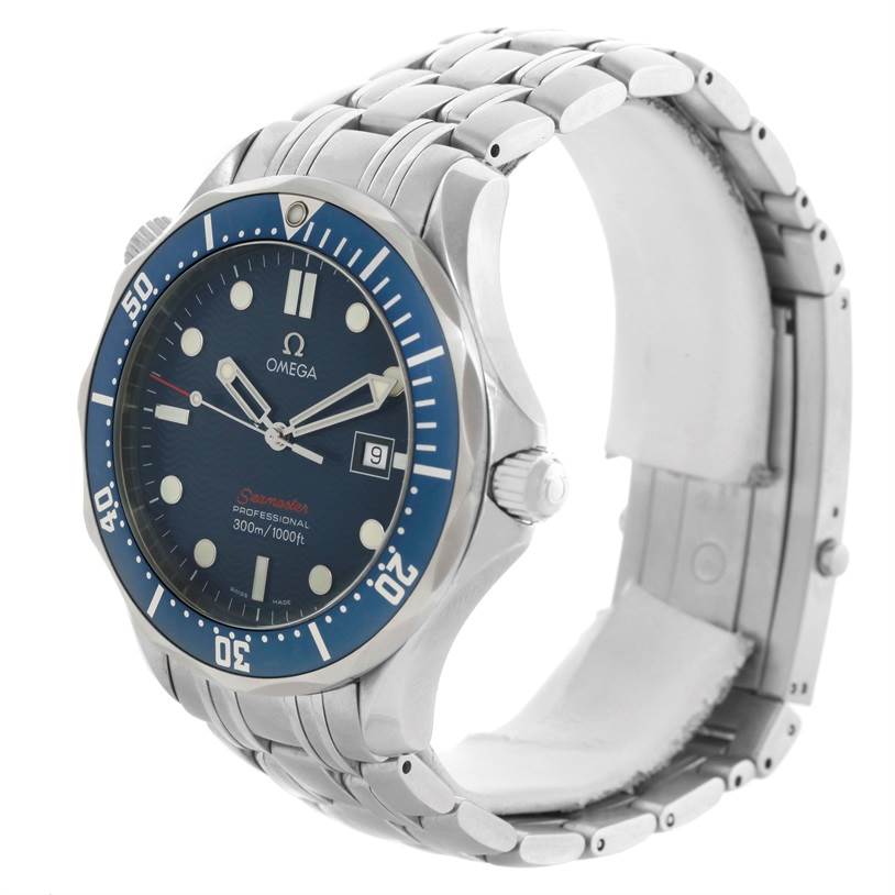 The image shows an Omega Seamaster 2221.80.00 Men
s Stainless Steel Blue Dial 2221.80.00 Men
s Stainless Steel Blue Dial watch at an angle displaying the face, bezel, crown, date window, and bracelet.