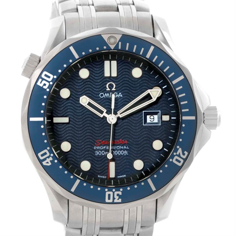 The image displays a front view of the Omega Seamaster 2221.80.00 Men
s Stainless Steel Blue Dial 2221.80.00 Men
s Stainless Steel Blue Dial watch, showcasing its blue dial, bezel, stainless steel bracelet, and date window.