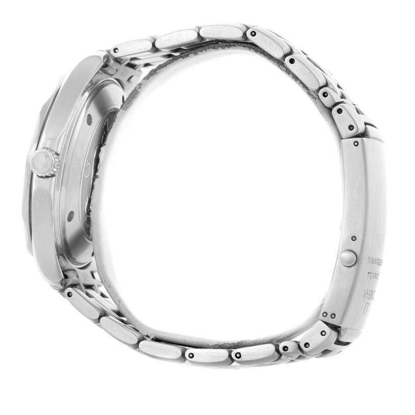 The image shows a side view of the Omega Seamaster 2221.80.00 Men
s Stainless Steel Blue Dial 2221.80.00 Men
s Stainless Steel Blue Dial watch, highlighting its metallic bracelet, case, and crown.