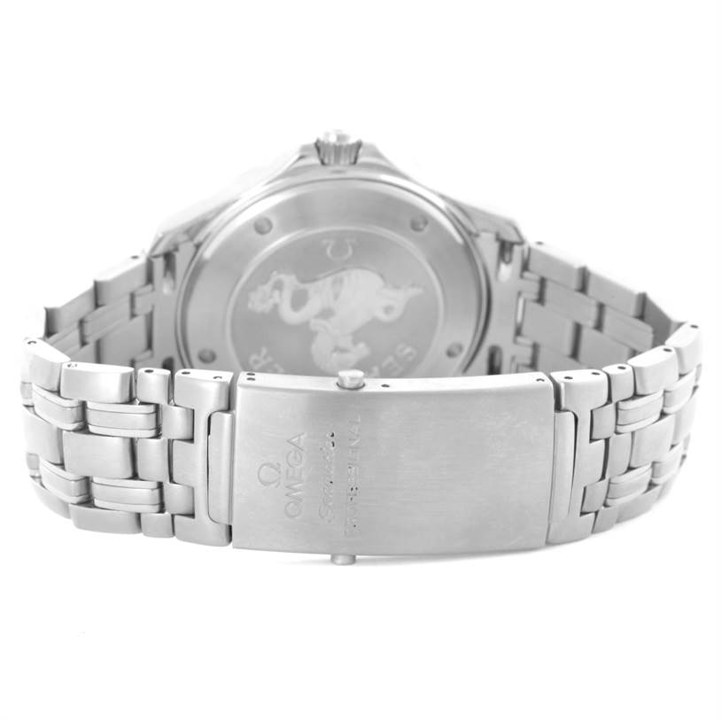 The image shows the back angle of the Omega Seamaster 2221.80.00 Men
s Stainless Steel Blue Dial 2221.80.00 Men
s Stainless Steel Blue Dial watch, focusing on the case back and metal bracelet clasp.