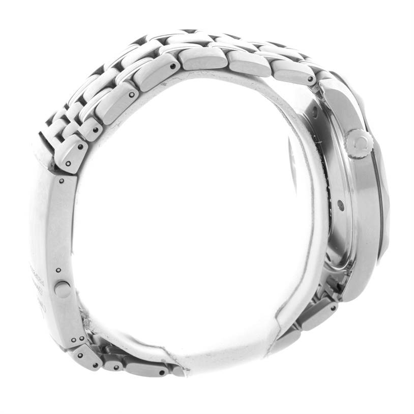 The image shows a side view of an Omega Seamaster 2221.80.00 Men
s Stainless Steel Blue Dial 2221.80.00 Men
s Stainless Steel Blue Dial watch, highlighting the metal bracelet and the side of the watch case with the crown.