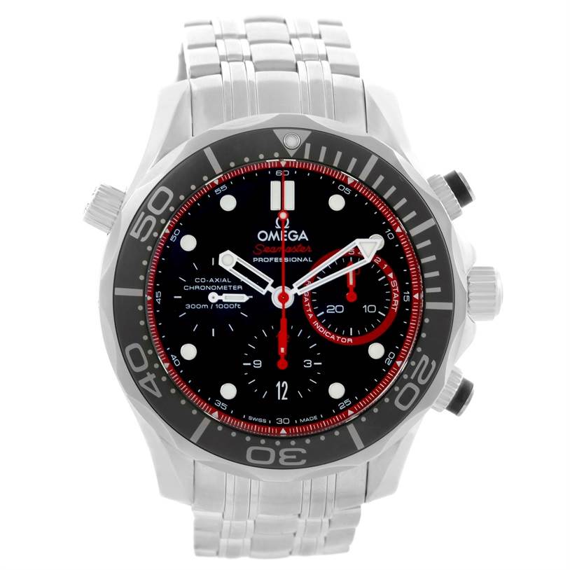 This image shows a front view of the Omega Seamaster 212.32.44.50.01.001 Men
s Stainless Steel Black Dial 212.32.44.50.01.001 Men
s Stainless Steel Black Dial watch, highlighting its face, bezel, and stainless steel band.