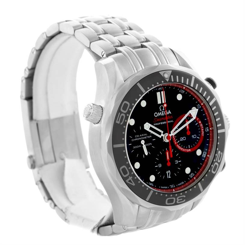 This image shows an Omega Seamaster 212.32.44.50.01.001 Men
s Stainless Steel Black Dial 212.32.44.50.01.001 Men
s Stainless Steel Black Dial watch from a three-quarter angle, displaying the face, bezel, and part of the bracelet.