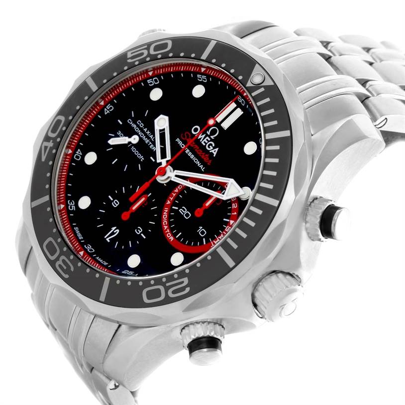 The image shows a close-up, angled view of an Omega Seamaster 212.32.44.50.01.001 Men
s Stainless Steel Black Dial 212.32.44.50.01.001 Men
s Stainless Steel Black Dial watch, displaying its face, bezel, chronograph subdials, and part of its bracelet.