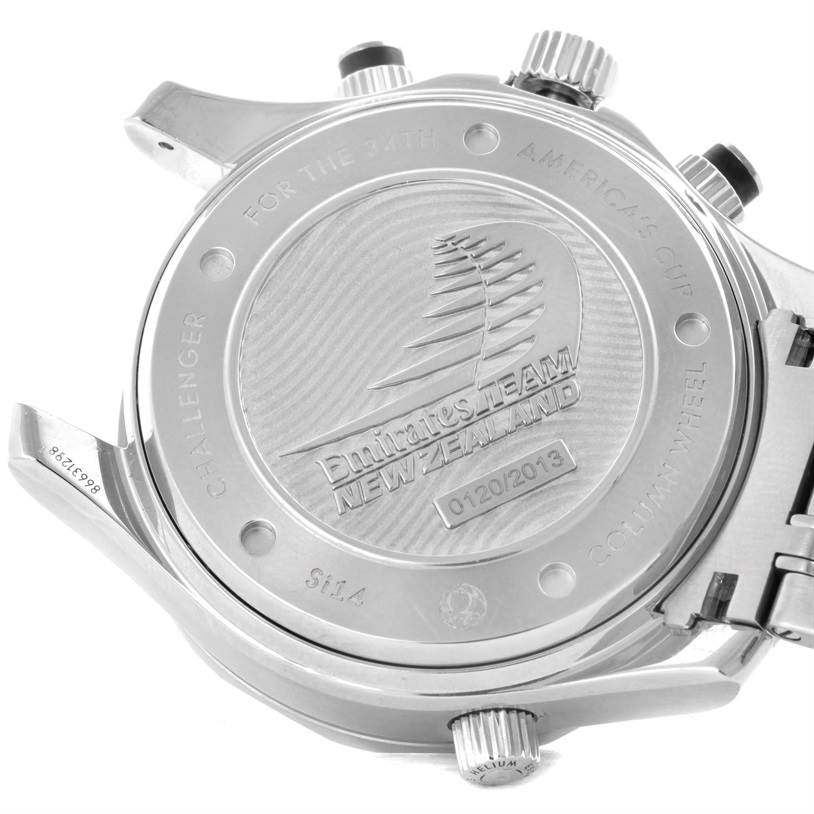 The image shows the back of an Omega Seamaster 212.32.44.50.01.001 Men
s Stainless Steel Black Dial 212.32.44.50.01.001 Men
s Stainless Steel Black Dial watch, featuring engraved text and details.